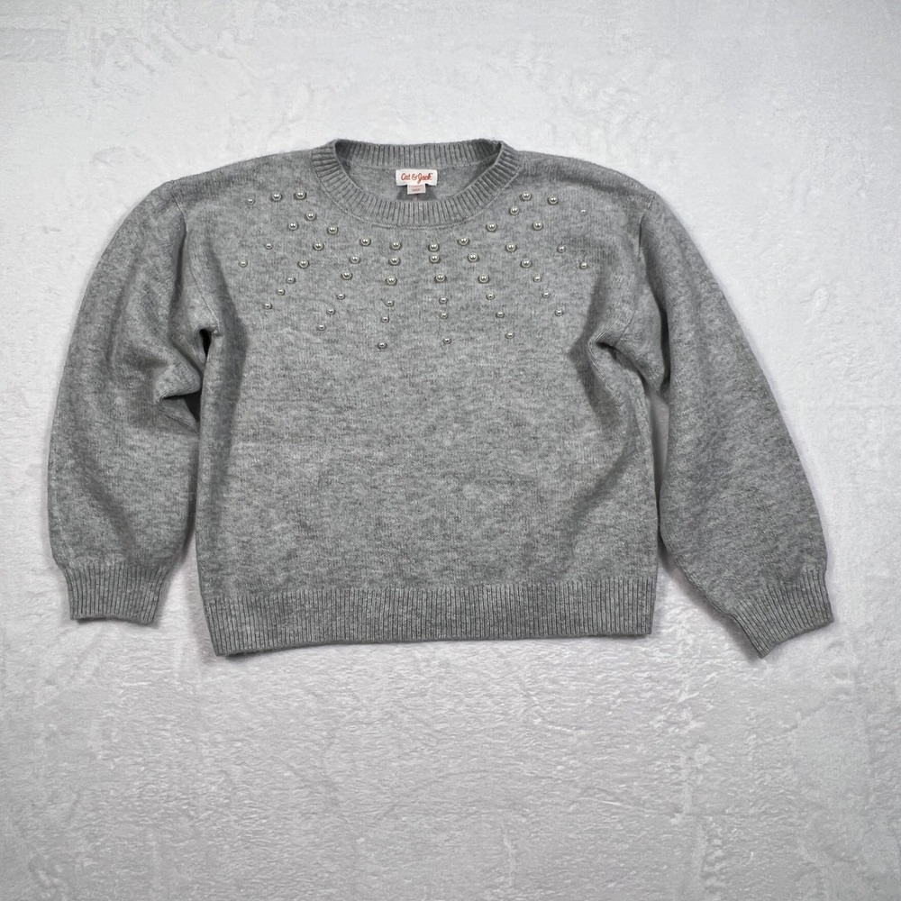 Cat & Jack Girls Pearl Embellished Sweater L 10/12 Gray Crewneck Pullover